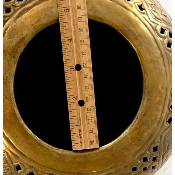 Vintage Large Brass Round Sphere Planter Floral Thistle Geometric Designs 11" - Picture 4 of 11